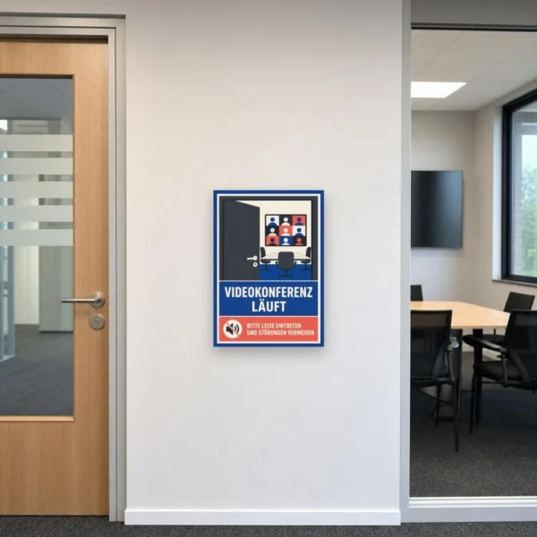 KI-generiertes Anwendungsbeispiel: Videokonferenz läuft Schild mit Ruhehinweis an einer Bürotür vor einem Meetingraum.
