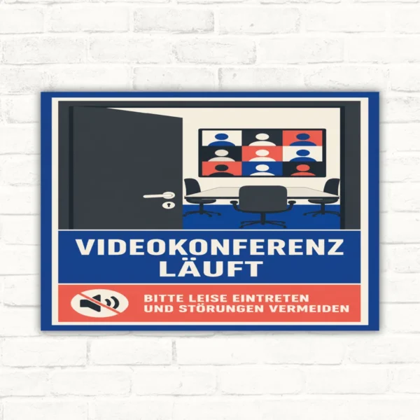 Videokonferenz läuft Schild mit Text „Bitte leise eintreten und Störungen vermeiden“ für Büro- oder Meetingtür.