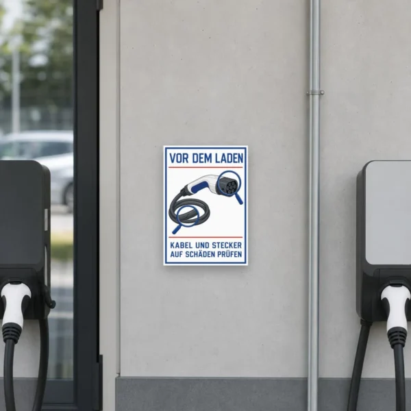KI-generiertes Anwendungsbeispiel: E-Mobilität Schild „Vor dem Laden Kabel und Stecker auf Schäden prüfen“ an Wand.