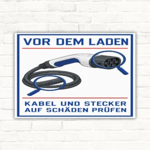 E-Mobilität Schild mit Text „Vor dem Laden Kabel und Stecker auf Schäden prüfen“ und Ladekabel-Motiv.