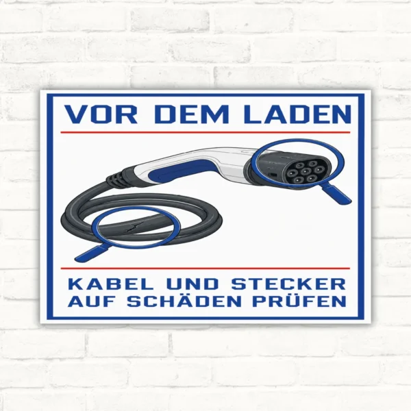 E-Mobilität Schild mit Text „Vor dem Laden Kabel und Stecker auf Schäden prüfen“ und Ladekabel-Motiv.