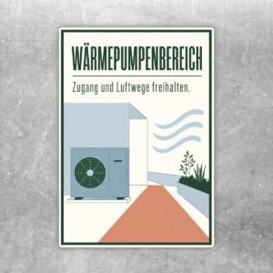 Wärmepumpenbereich Aufkleber im Hochformat mit Text Zugang und Luftwege freihalten sowie Illustration einer Wärmepumpe.
