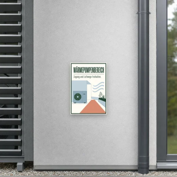 KI-generiertes Anwendungsbeispiel: Wärmepumpenbereich Schild „Zugang und Luftwege freihalten“ an heller Wand.