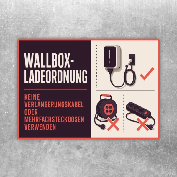 Wallbox-Ladeordnung Aufkleber im Querformat mit Hinweis gegen Verlängerungskabel und Mehrfachsteckdosen.