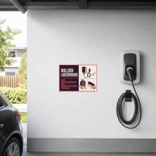 KI-generiertes Anwendungsbeispiel: Wallbox-Ladeordnung Aufkleber an Ladeplatz mit Symbolen für erlaubtes Laden.