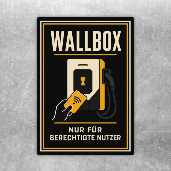 Wallbox Aufkleber „Nur für berechtigte Nutzer“ mit Ladestation, Karte und Kabel in Schwarz, Gelb, Beige und Grau.