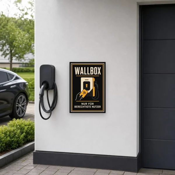 KI-generiertes Anwendungsbeispiel: Wallbox Schild „Nur für berechtigte Nutzer“ als Hinweis an einer E-Auto-Ladestation.