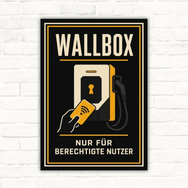 Wallbox Schild mit Text „Nur für berechtigte Nutzer“, Ladegerät, Ladekabel und Zugangskarte auf schwarzem Grund.