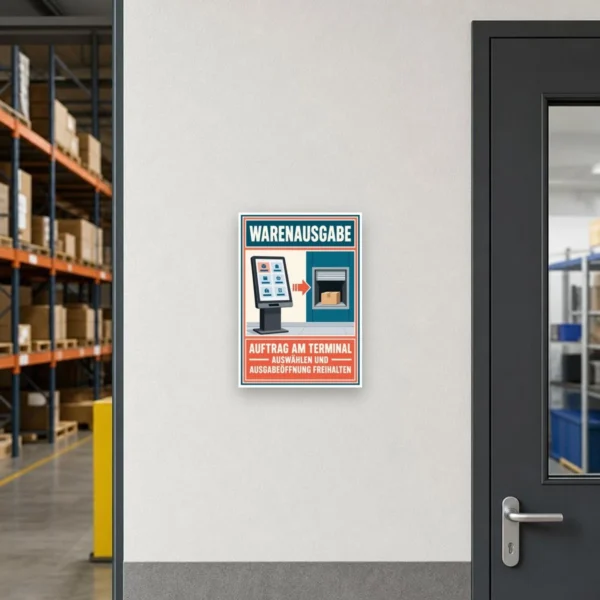 KI-generiertes Anwendungsbeispiel: Warenausgabe Schild „Auftrag am Terminal auswählen“ am passenden Einsatzort mit gut sichtbarem Motiv und klarer Beschriftung.