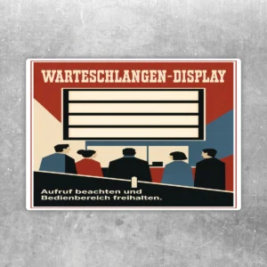 Warteschlangen-Display Aufkleber mit rotem Kopfbereich, Displaygrafik und Hinweis zum Freihalten des Bedienbereichs.