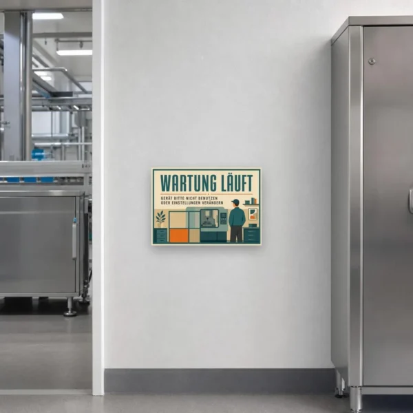 KI-generiertes Anwendungsbeispiel: Wartung läuft Schild an einer Werkstattwand mit Hinweis auf nicht zu benutzendes Gerät.