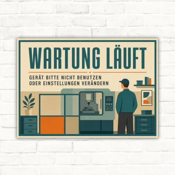 Wartung läuft Schild mit Text „Gerät bitte nicht benutzen oder Einstellungen verändern“ für Maschinen und Technikbereiche.