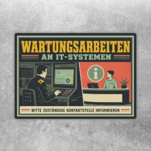 Querformatiger Aufkleber Wartungsarbeiten an IT-Systemen mit Kontaktstellen-Hinweis in Gelb, Grün, Rot und Creme.
