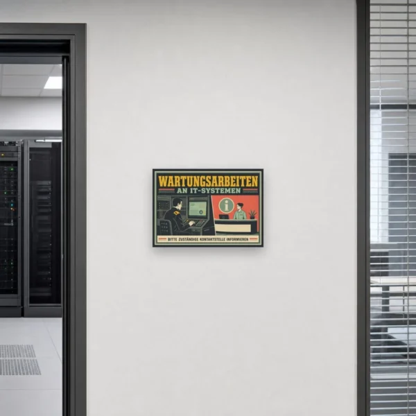 KI-generiertes Anwendungsbeispiel: Wartungsarbeiten Schild „An IT-Systemen – Kontaktstelle informieren“ am passenden Einsatzort mit gut sichtbarem Motiv und klarer Beschriftung.
