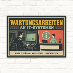 Wartungsarbeiten Schild „An IT-Systemen – Kontaktstelle informieren“ mit gut lesbarem Motiv und klarer Beschriftung als bedrucktes Schild aus Aluminium-Verbundplatte.