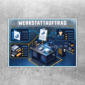 Werkstattauftrag Aufkleber im Querformat mit Werkbank, Datei, Materialübersicht und Ansprechpartner-Grafik.