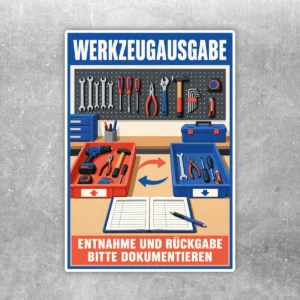 Werkzeugausgabe Aufkleber mit Werkzeugwand, Boxen, Pfeilen und Hinweis zur dokumentierten Entnahme und Rückgabe.
