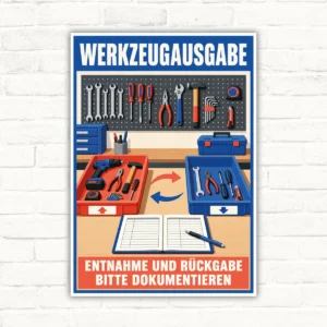 Werkzeugausgabe Schild mit Text „Entnahme und Rückgabe bitte dokumentieren“ für Werkstatt und Werkzeugverwaltung.
