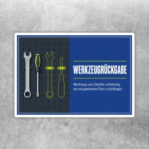 Werkzeugrückgabe Aufkleber im Querformat mit Werkzeugtafel und Hinweis zum Zurücklegen von Werkzeug und Zubehör.