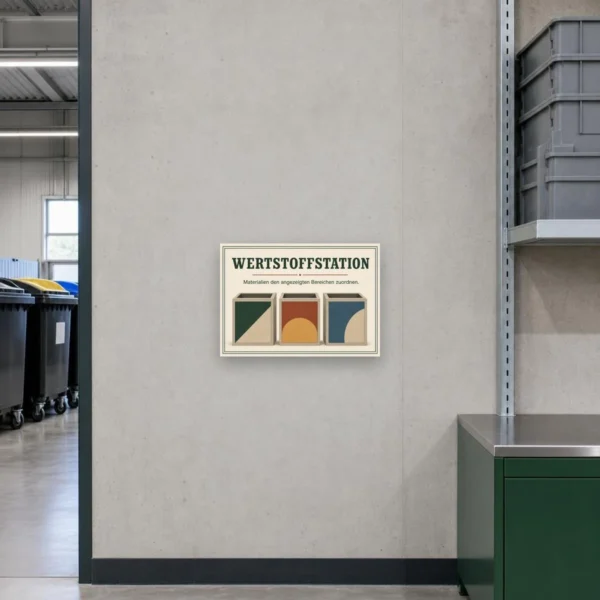 KI-generiertes Anwendungsbeispiel: Wertstoffstation Schild – Materialien den Bereichen zuordnen am passenden Einsatzort mit gut sichtbarem Motiv und klarer Beschriftung.