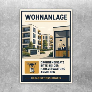 Aufkleber für Wohnanlage mit Drohnensymbol und Hinweis, Drohneneinsatz bei der Hausverwaltung anzumelden.