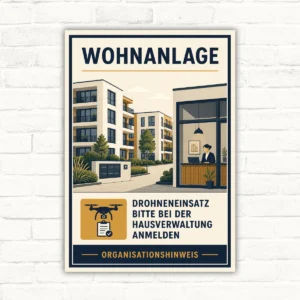 Schild „Wohnanlage – Drohneneinsatz bitte bei der Hausverwaltung anmelden“ als Organisationshinweis mit Wohnanlagenmotiv.