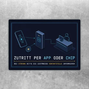 Zutritt per App oder Chip Aufkleber mit Smartphone, Chip, Lesegerät und Hinweis zur Kontaktstelle bei Störung.