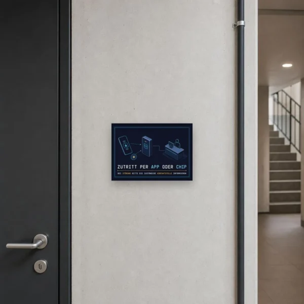 KI-generiertes Anwendungsbeispiel: Zutritt per App oder Chip Schild als technischer Hinweis an einer Wand montiert.