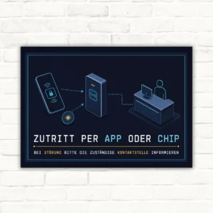 Zutritt per App oder Chip Schild mit Smartphone, Chip, Lesegerät und Text „Kontaktstelle informieren“.