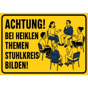 Gelbes Stuhlkreis bilden Schild mit Text „Achtung! Bei heiklen Themen Stuhlkreis bilden!“ und Zeichnung sitzender Personen.