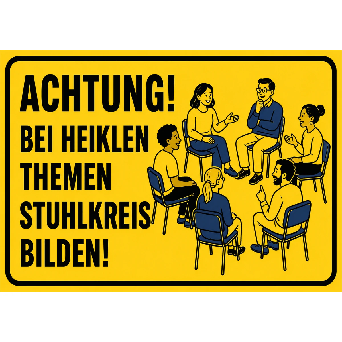 Gelbes Stuhlkreis bilden Schild mit Text „Achtung! Bei heiklen Themen Stuhlkreis bilden!“ und Zeichnung sitzender Personen.