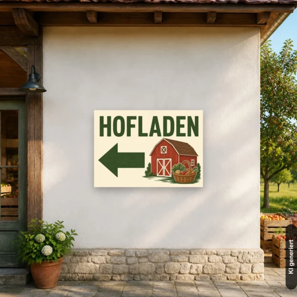 KI-generiertes Anwendungsbeispiel: Hofladen Schild mit linkem Pfeil und Scheunenmotiv als wetterfestes Verkaufsschild.