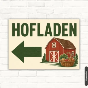 Hofladen Schild mit Pfeil nach links und Scheunenmotiv als bedrucktes Verkaufsschild für den Hof.