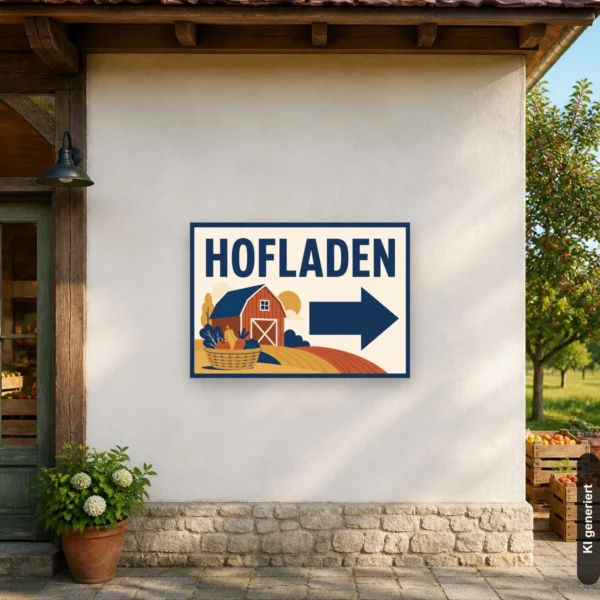 KI-generiertes Anwendungsbeispiel: Hofladen Schild mit Pfeil rechts am passenden Einsatzort mit gut sichtbarem Motiv und klarer Beschriftung.