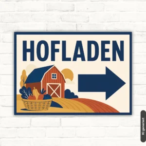 Hofladen Schild mit Pfeil rechts mit gut lesbarem Motiv und klarer Beschriftung als bedrucktes Schild aus Aluminium-Verbundplatte.