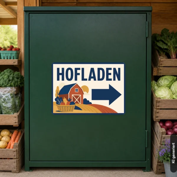 KI-generiertes Anwendungsbeispiel: Hofladen Aufkleber mit Pfeil rechts an einer Glastür für den Verkaufsbereich.