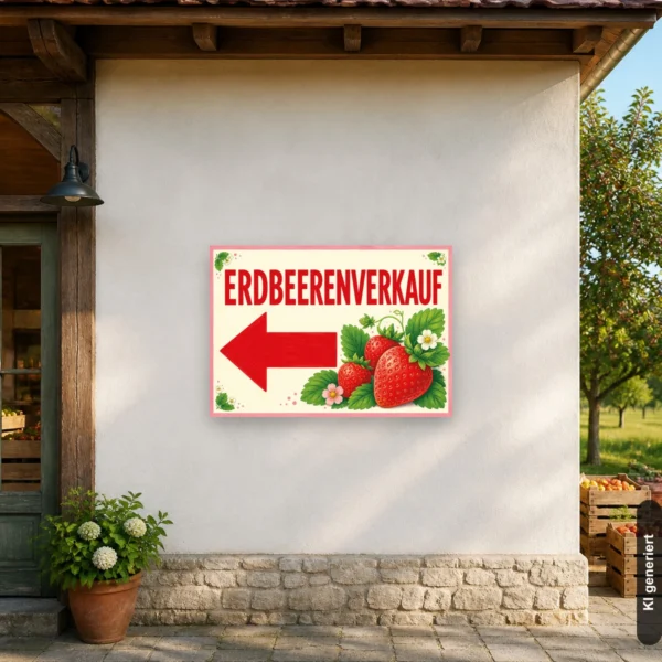 KI-generiertes Anwendungsbeispiel: Erdbeerenverkauf Schild mit Pfeil links an einem Hofladen, mit Erdbeeren und rotem Hinweistext.