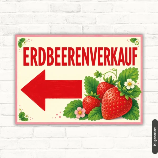 Erdbeerenverkauf Schild mit Pfeil links, roter Schriftzug und Erdbeermotiv als Verkaufsschild.
