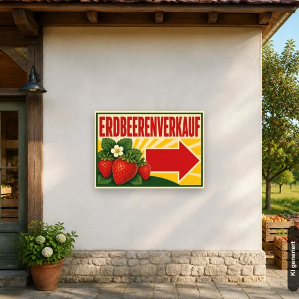 KI-generiertes Anwendungsbeispiel: Erdbeerenverkauf Schild mit Pfeil nach rechts als auffälliges Verkaufsschild am Hofeingang.