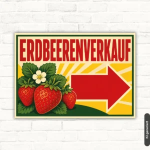 Erdbeerenverkauf Schild mit rotem Pfeil nach rechts, Erdbeerenmotiv und großer Schrift als Verkaufsschild.