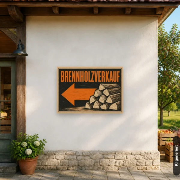 KI-generiertes Anwendungsbeispiel: Brennholzverkauf Schild mit Pfeil links und Holzstapel als querformatiges Verkaufsschild an einer Hofeinfahrt.