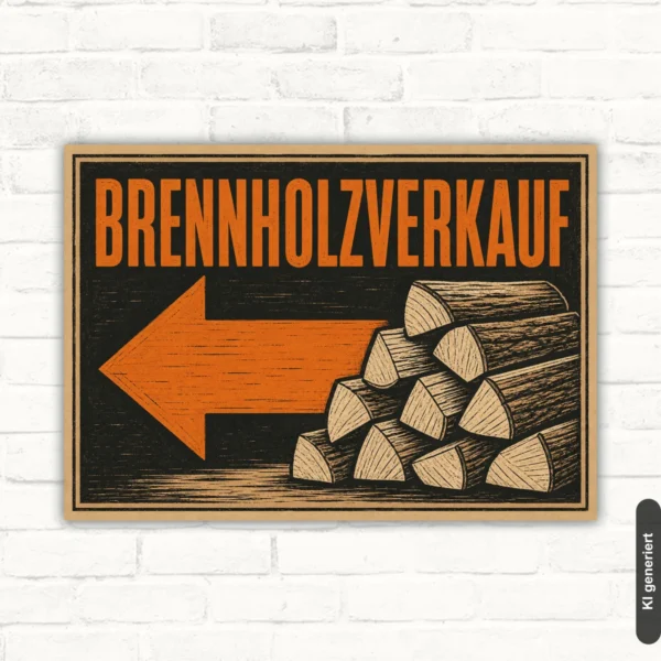 Brennholzverkauf Schild mit Pfeil links und Holzstapel, querformatiges Verkaufsschild auf Aluminium-Verbundplatte.