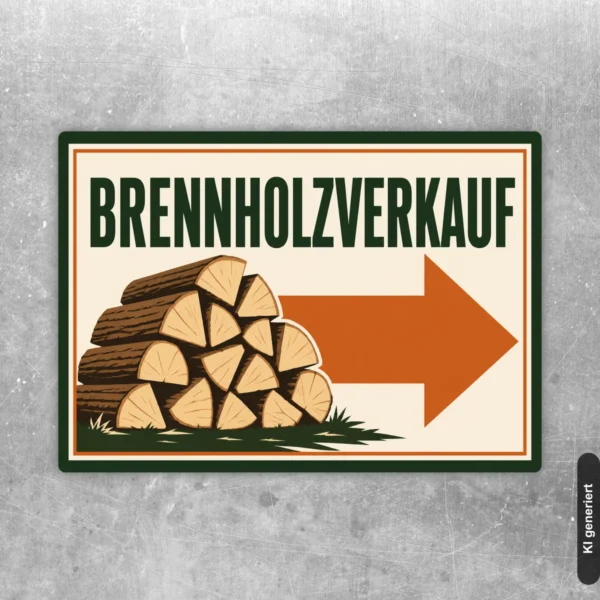 Brennholzverkauf Aufkleber mit Pfeil nach rechts in Grün, Orange und Braun auf hellem Hintergrund.