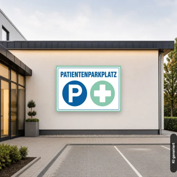 KI-generiertes Anwendungsbeispiel: Patientenparkplatz Schild mit P+-Motiv an der Praxiszufahrt als gut sichtbares Parkplatzschild.