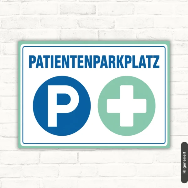 Patientenparkplatz Schild mit blauem P und grünem Kreuz auf weißem Hintergrund als Parkplatzschild aus Aluminium-Verbundplatte.