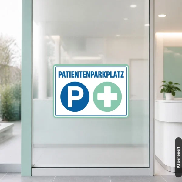 KI-generiertes Anwendungsbeispiel: Patientenparkplatz Aufkleber mit P+-Symbol an einer Praxiszufahrt in klarer Querformat-Optik.