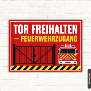 Tor freihalten Schild mit Feuerwehrzugang, rotem Hintergrund, Tor- und Feuerwehrauto-Motiv als Hinweisschild aus Aluminium.