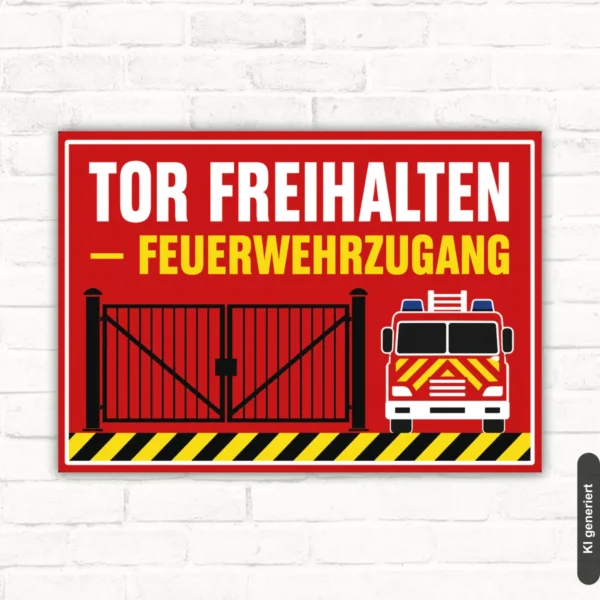 Tor freihalten Schild mit Feuerwehrzugang, rotem Hintergrund, Tor- und Feuerwehrauto-Motiv als Hinweisschild aus Aluminium.