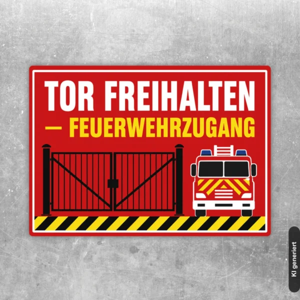Tor freihalten – Feuerwehrzugang Aufkleber in Rot mit gelb-schwarzem Warnstreifen und Feuerwehrmotiv im Querformat.