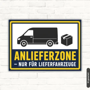 Anlieferzone nur für Lieferfahrzeuge Schild mit Transporter- und Paketmotiv in Blau, Gelb, Weiß und Schwarz.
